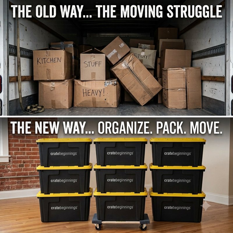 The old way: a moving truck packed with messy cardboard boxes, versus the new way: neatly stacked Crate Beginnings totes on a hand truck